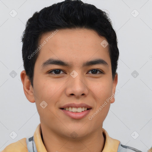 Joyful latino young-adult male with short  brown hair and brown eyes