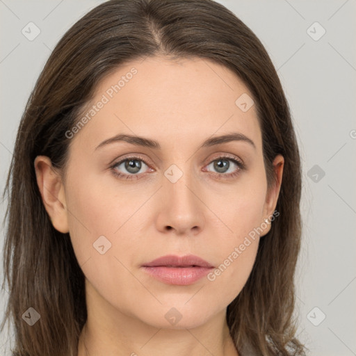 Neutral white young-adult female with long  brown hair and grey eyes