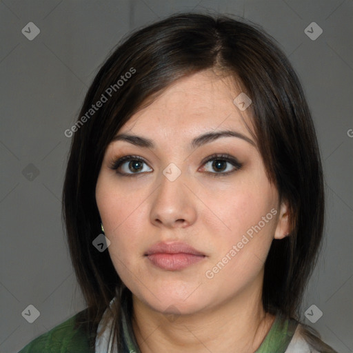 Neutral white young-adult female with medium  brown hair and brown eyes