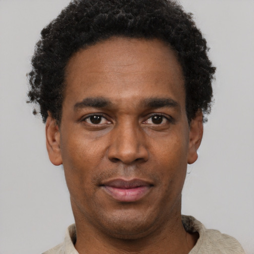 Neutral black adult male with short  black hair and brown eyes