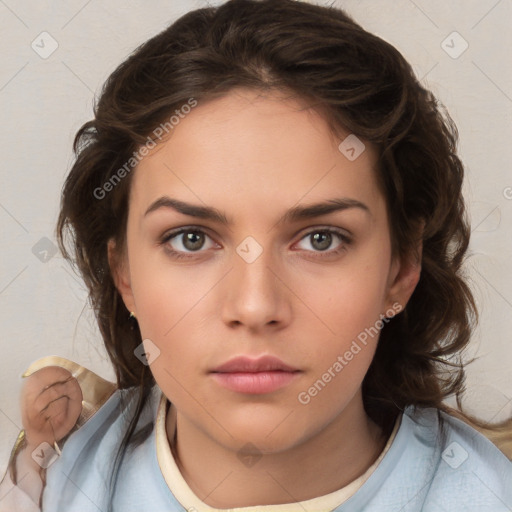 Neutral white young-adult female with medium  brown hair and brown eyes