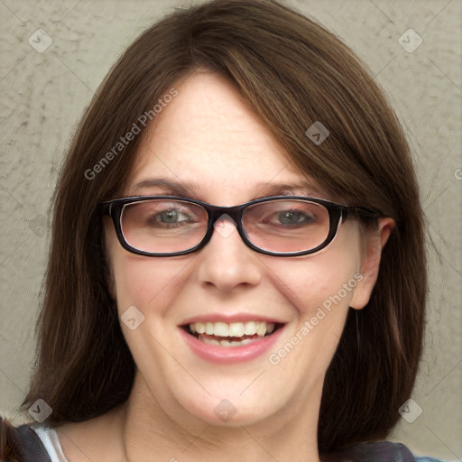 Joyful white young-adult female with medium  brown hair and blue eyes