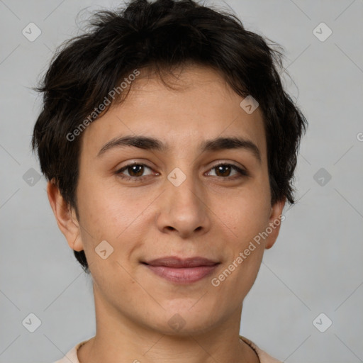 Joyful white young-adult female with short  brown hair and brown eyes