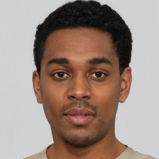 Neutral black young-adult male with short  black hair and brown eyes