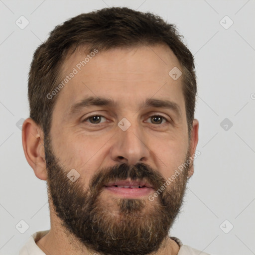 Neutral white adult male with short  brown hair and brown eyes