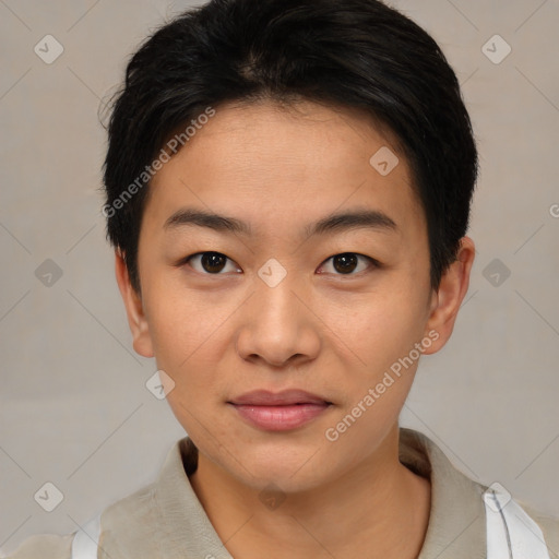 Joyful asian young-adult male with short  brown hair and brown eyes