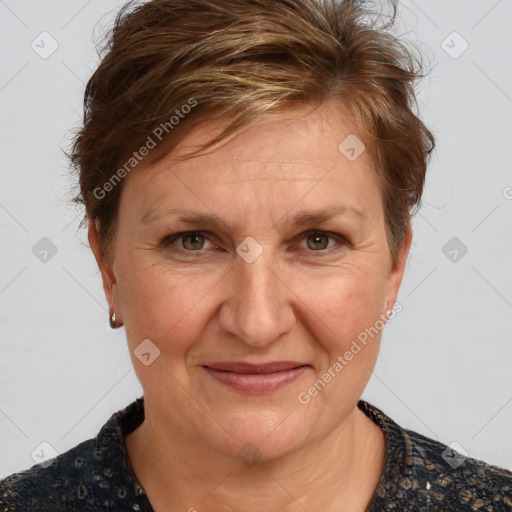 Joyful white adult female with medium  brown hair and brown eyes