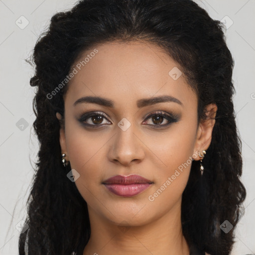 Joyful latino young-adult female with long  brown hair and brown eyes