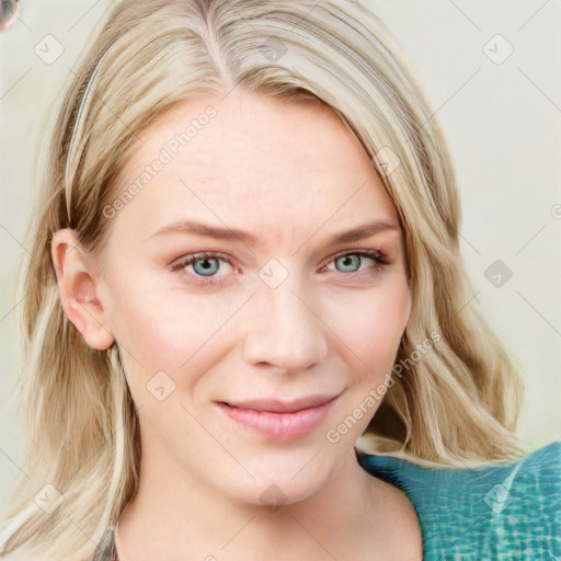 Joyful white young-adult female with medium  brown hair and blue eyes