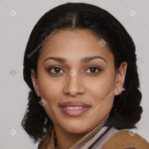 Joyful latino young-adult female with medium  brown hair and brown eyes