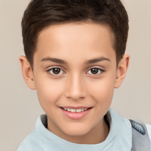 Joyful white child female with short  brown hair and brown eyes