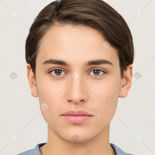 Neutral white young-adult male with short  brown hair and brown eyes