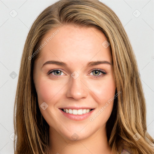 Joyful white young-adult female with long  brown hair and green eyes