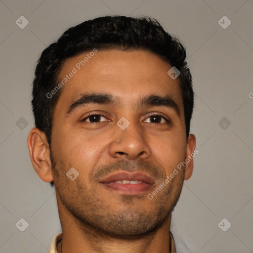 Neutral latino young-adult male with short  brown hair and brown eyes