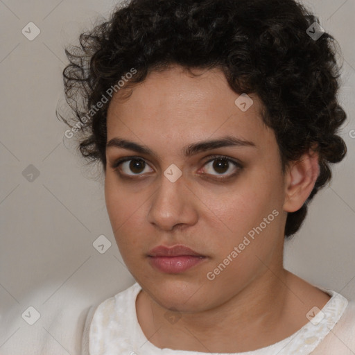 Neutral white young-adult female with short  brown hair and brown eyes