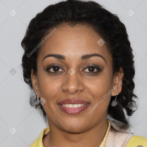 Joyful latino young-adult female with long  brown hair and brown eyes
