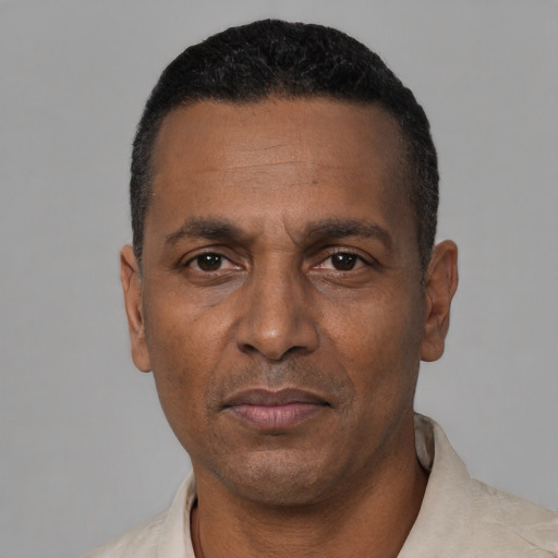 Neutral black adult male with short  black hair and brown eyes