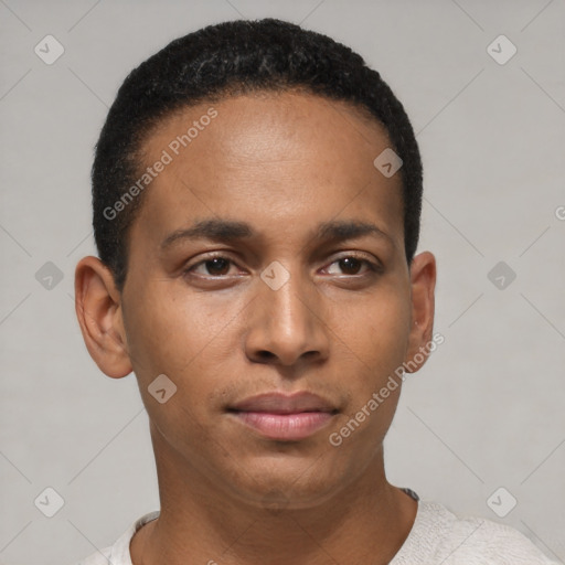 Neutral latino young-adult male with short  black hair and brown eyes