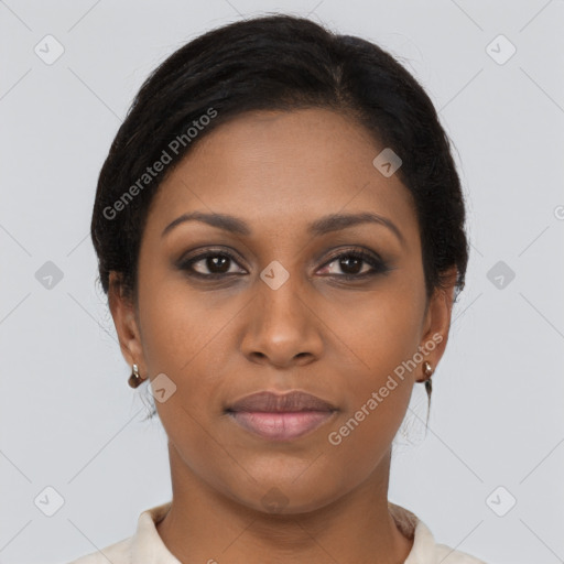 Joyful black young-adult female with medium  brown hair and brown eyes