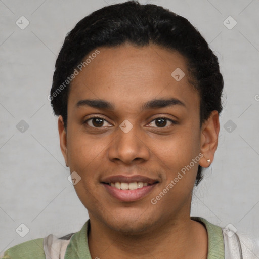 Joyful latino young-adult female with short  black hair and brown eyes