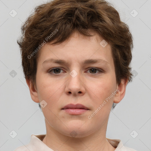 Neutral white young-adult female with short  brown hair and brown eyes