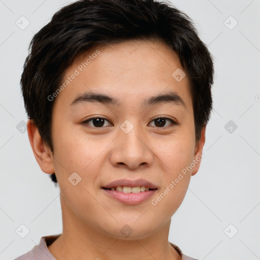 Joyful asian young-adult male with short  brown hair and brown eyes