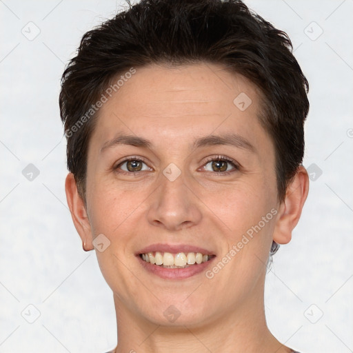 Joyful white young-adult female with short  brown hair and brown eyes