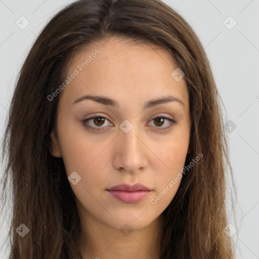 Neutral white young-adult female with long  brown hair and brown eyes