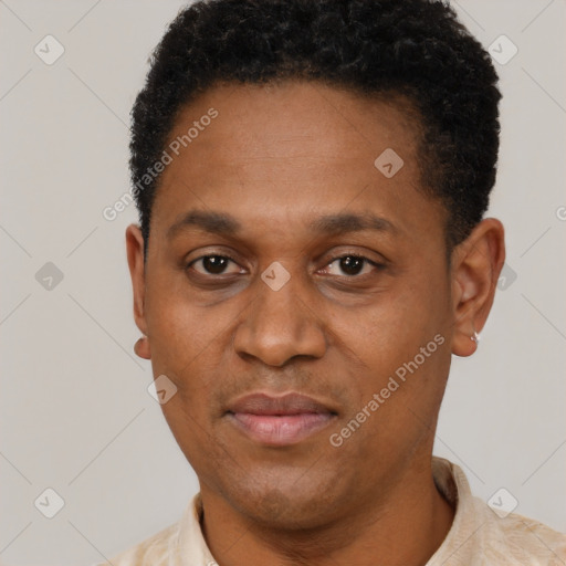 Neutral latino adult male with short  black hair and brown eyes