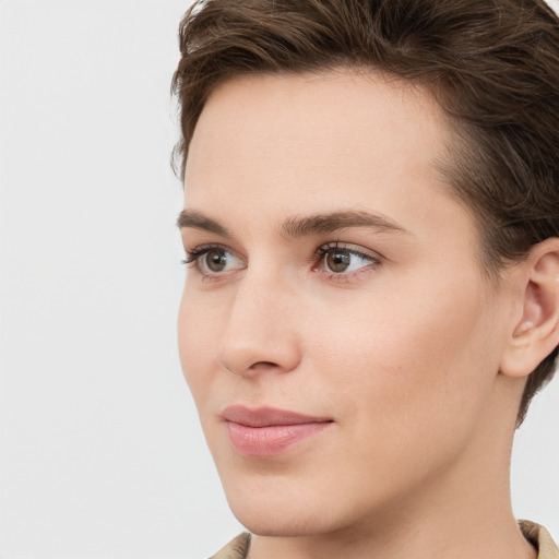 Neutral white young-adult female with short  brown hair and brown eyes