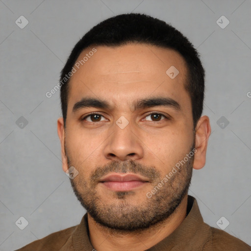 Neutral asian young-adult male with short  black hair and brown eyes