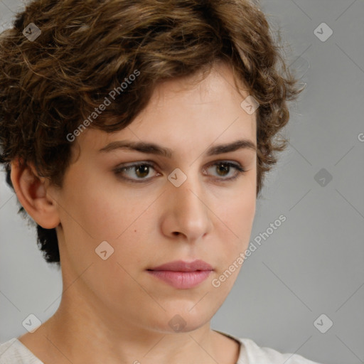 Neutral white young-adult female with short  brown hair and brown eyes