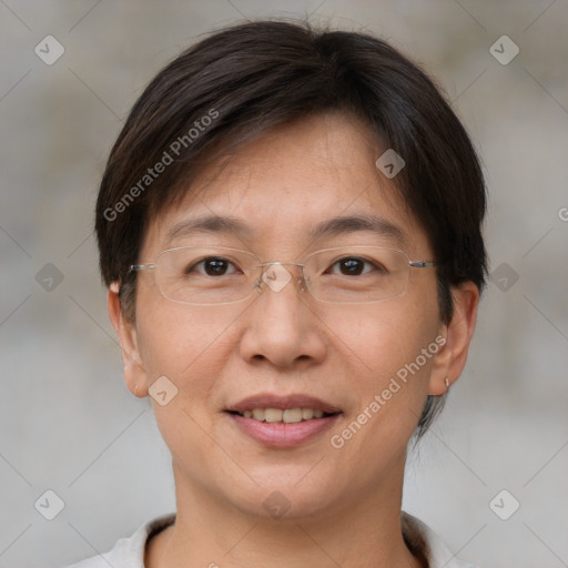 Joyful white adult female with short  brown hair and brown eyes