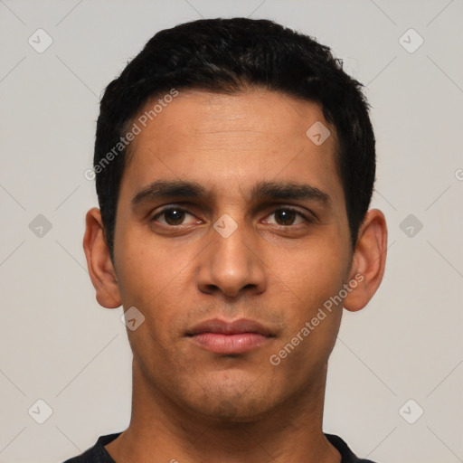 Neutral latino young-adult male with short  black hair and brown eyes