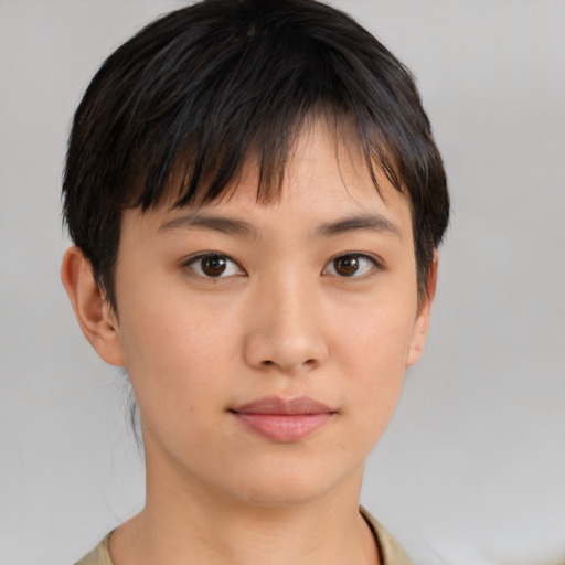Neutral asian young-adult female with short  brown hair and brown eyes