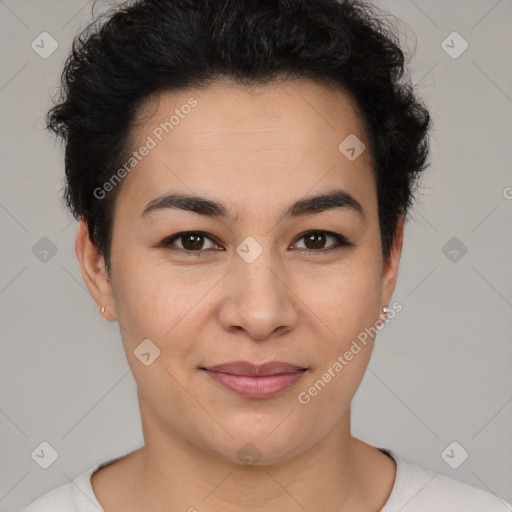 Joyful latino young-adult female with short  brown hair and brown eyes