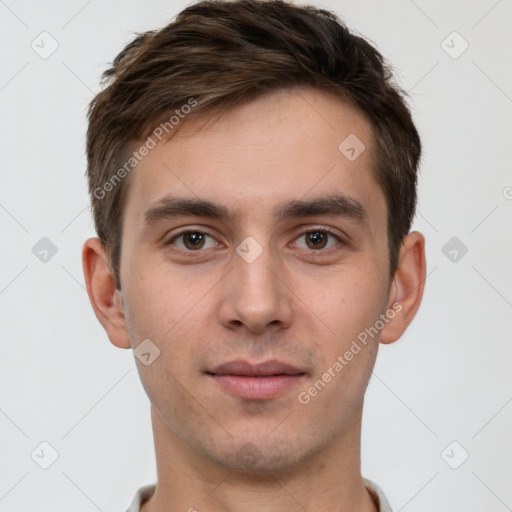 Neutral white young-adult male with short  brown hair and brown eyes