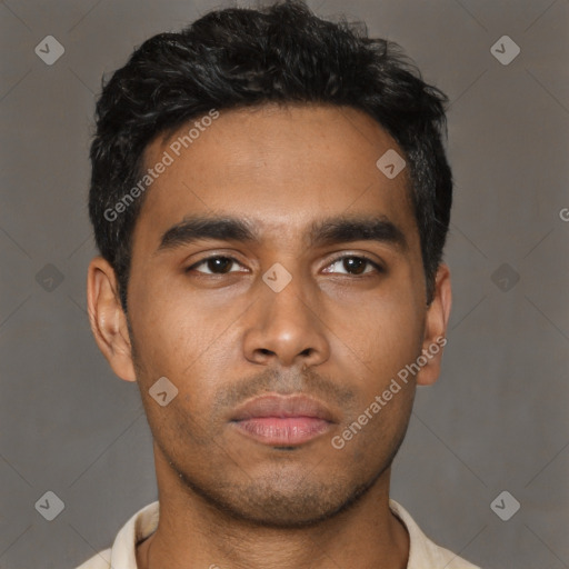 Neutral latino young-adult male with short  black hair and brown eyes