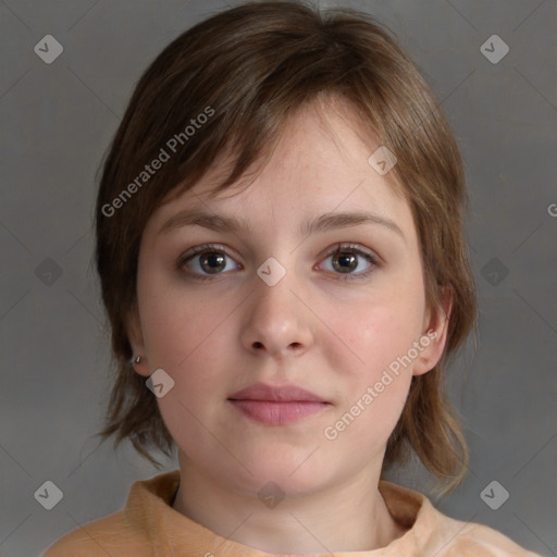 Neutral white young-adult female with medium  brown hair and brown eyes