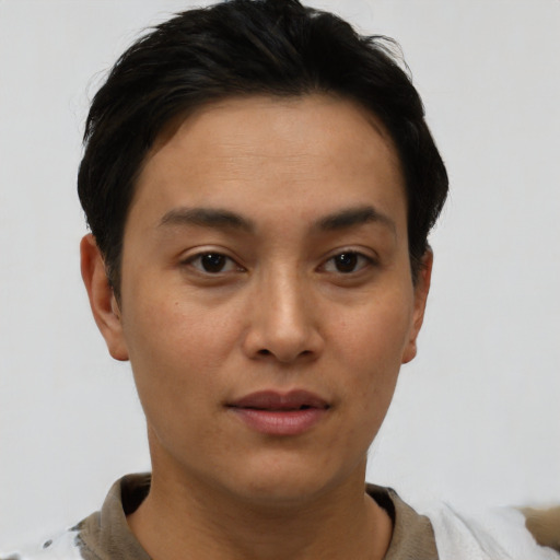 Neutral white young-adult female with short  black hair and brown eyes
