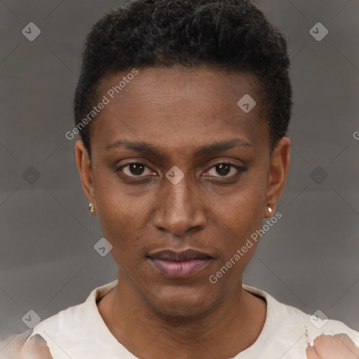 Neutral black young-adult female with short  brown hair and brown eyes