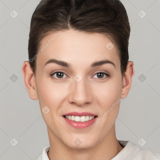 Joyful white young-adult female with short  brown hair and brown eyes