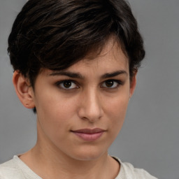 Neutral white young-adult female with short  brown hair and brown eyes