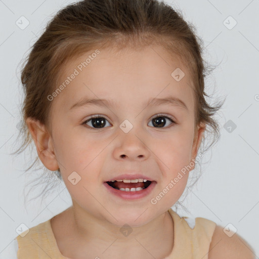 Joyful white child female with medium  brown hair and brown eyes