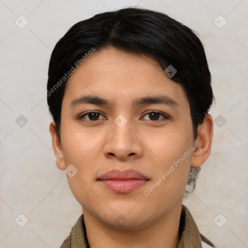 Joyful asian young-adult male with short  brown hair and brown eyes