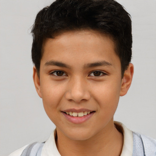 Joyful latino young-adult male with short  brown hair and brown eyes