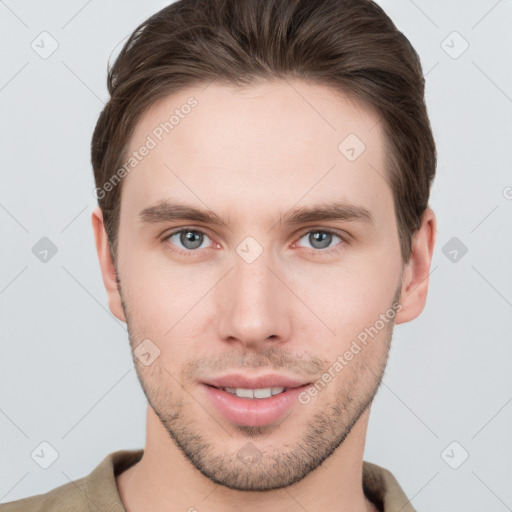 Neutral white young-adult male with short  brown hair and grey eyes