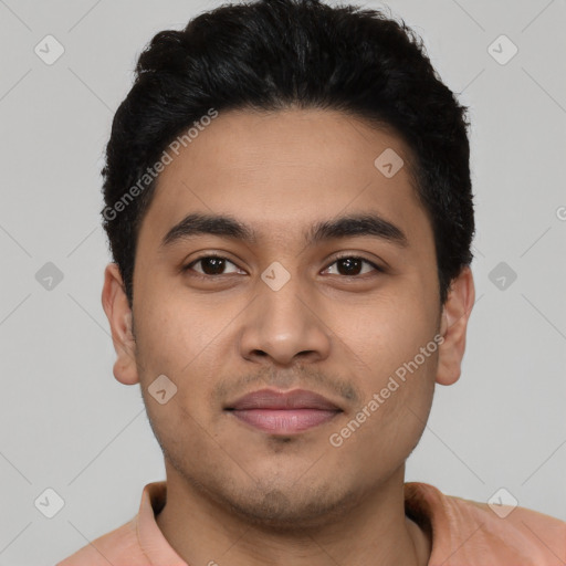 Neutral latino young-adult male with short  black hair and brown eyes