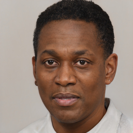 Joyful black adult male with short  black hair and brown eyes
