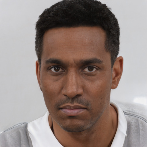 Neutral black young-adult male with short  black hair and brown eyes